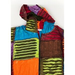 Greater Good Zip Up Jacket Womens XL Patchwork Hippi Boho Razor Cut Cotton Color